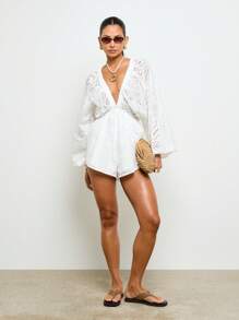 AiiRZ Mono con mangas abullonadas, bordado inglés, cubrecosturas para la playa, vestimenta de resort, mono de verano, pantalones cortos con escote en V profundo, ropa de playa para vacaciones