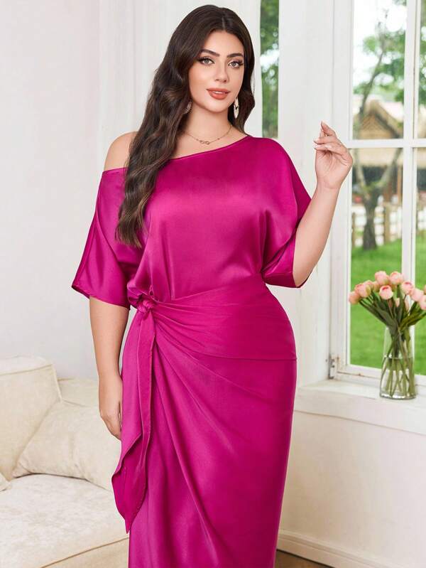 Modelyn Vestido de fiesta elegante y romántico con lazo a la cintura, hombro asimétrico y manga media para mujeres de talla grande