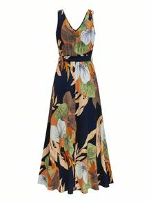 SHEIN LUNE Plus Size Allover Print V-Neck Belted Sleeveless Dress - Royal Blue - View 2