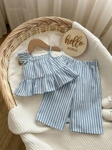 Conjunto De Top Y Pantalón De Peplum Con Cuello Asimétrico De Volante A Rayas Para Bebé Niña