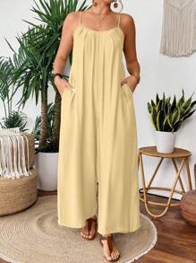 SHEIN Holidaya Plus Size Summer Solid Color Pleated Loose Slant Pocket Sleeveless Jumpsuit Summer Jumpsuit For Women Wide Leg Jumpsuit Women Casual Jumpsuit Halter Jumpsuit