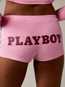 Missguided x Playboy Set di pantaloncini e top corto con maniche lunghe, colletto e bottoni in maglia a costine, abbigliamento da relax, look alto, adatto per uscite serali, festival estivi e vacanze.