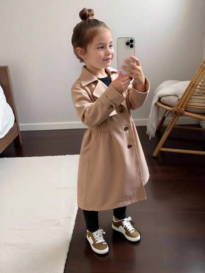 SHEIN Solid Color Loose Fit Long Casual Trench Coat With Turndown Collar And Cinched Waist For Young Girls,In Fall/Winter