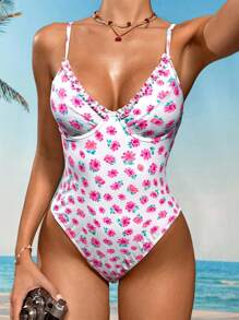 Swim Vcay Đồ bơi liền thân họa tiết hoa viền bèo nhún cho nữ, thích hợp cho kỳ nghỉ hè - Hồng - Xem 5