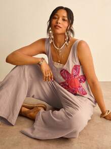 Freevana Plus Size Women Floral Print Loose Casual Jumpsuit With Adjustable Straps,Holiday Outfits For Women