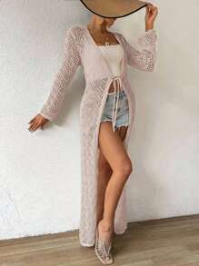 Breezaya Áo len cardigan dài tay khoét lỗ màu trơn cho nữ, trang phục đi nghỉ - Hồng - Xem 7