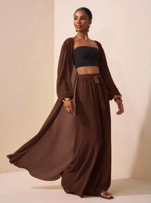 Zivah New All-Match Simple Beach/Bohemian/Bohemian Women's Clothing/Women's Festival Clothing/Carnival/Easter Women's Clothing/Old Money Style Women's Clothing/Country Concert Clothing/Going Out Clothing/Fairy Style/Festival Clothing/Women's Western Clothing/Tropical Vacation Women's Clothing Casual White Women's Two-Piece House Clothing Fashion Casual Lantern Sleeve Cardigan Top + Wide Leg Pants/Baggy Pants/Flowy Pants/Wide Leg Pants/ Brown Two Piece Set Women - Brown - View 5