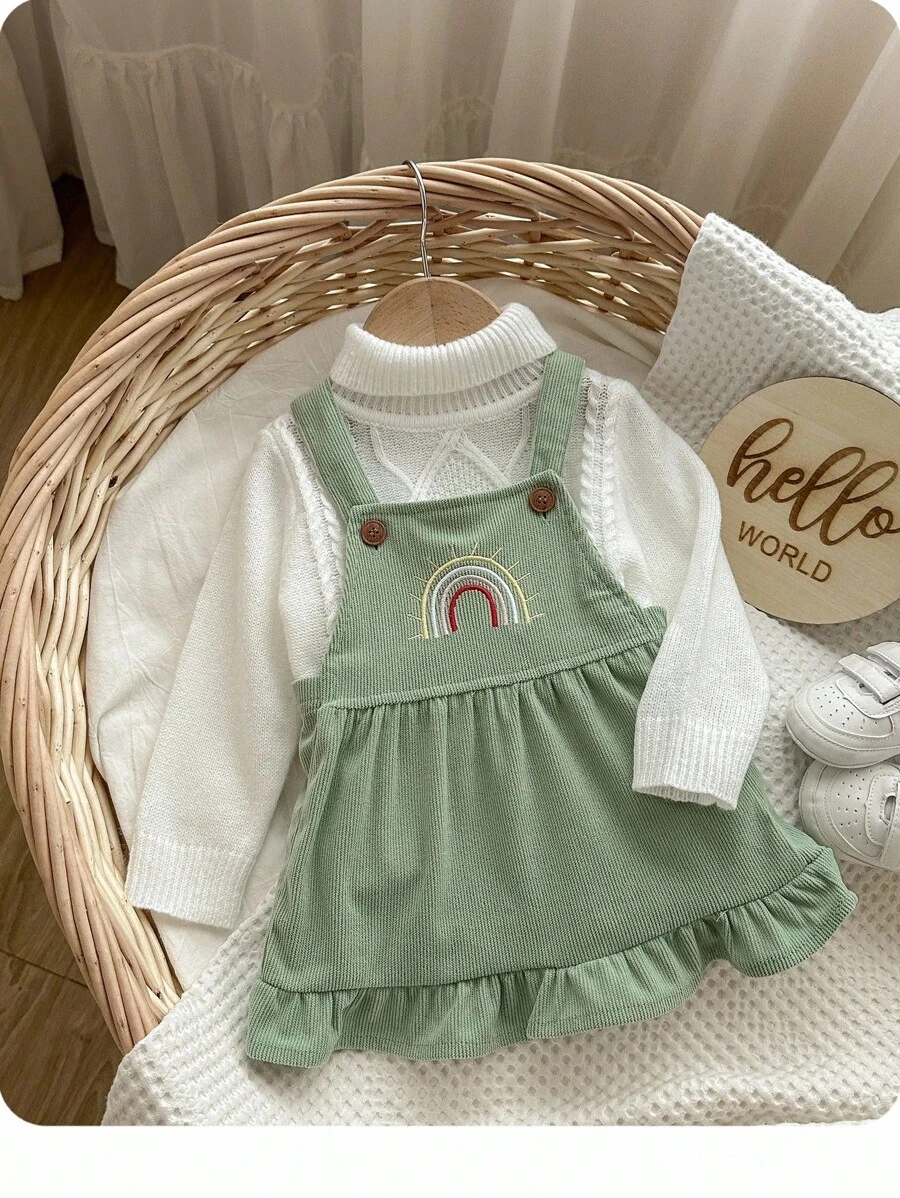 Baby Rainbow Embroidery Ruffle Hem Corduroy Pinafore Dress - Army Green - View 1