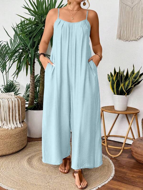 SHEIN Holidaya Plus Size Summer Solid Color Pleated Loose Slant Pocket Jumpsuit