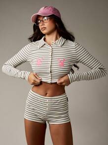Missguided x Playboy Retro Style Ribbed Bunny Logo Striped Lounge Set With Collared Crop Top And High Rise Shorts