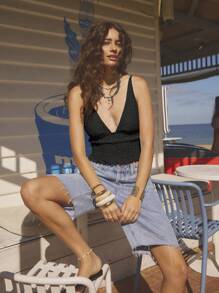 Aralina 女式纯色深褶皱无袖性感吊带背心夏季上衣 - 黑色 - 查看 10