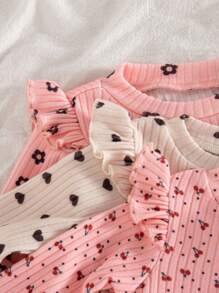 SHEIN 3pcs/Set Baby Girl Soft And Comfortable Skin-Friendly Allover Ruffled Cuff Allover Print Long Sleeve Baby Girl Clothes