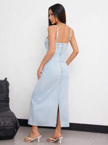 SHEIN ICON Solid Color Casual Slim-Fit Summer Fashion Strap Denim Dress - Light Wash - View 2