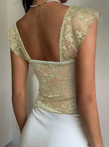 MainGRL Women's Olive Green Lace Ruffle Hem Sweetheart Neck Puff Sleeve Elegant T-Shirt - Olive Green - View 2