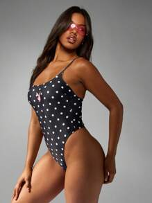 Missguided x Playboy Traje de baño de una pieza con lunares, estilo clásico y retro, escote de canalé, patrones con piernas altas para playa y piscina, para usar en vacaciones de verano