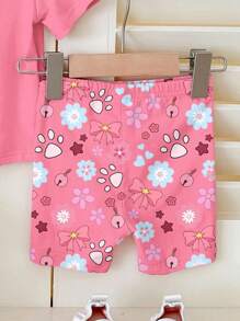 SHEIN Happikins Young Girl 2pcs/Set Casual Minimalist Short Sleeve & Shorts, Suitable For Summer Girls Cartoon Shirt Girls Summer Outfit Young Girl Summer Clothes - Multicolor - View 4