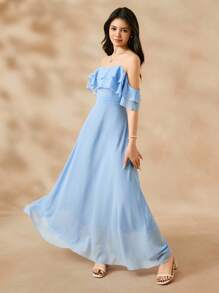 SHEIN Elegant Wedding Flower Girl Dress, Chiffon Ball Gown Dress For Teens, Middle-Large Children, Girls Formal Party Dress, Navy Blue - Blue - View 5