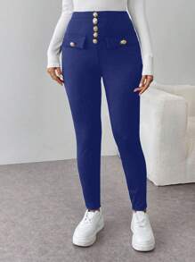 SHEIN Unity Women's Elastic High Waist Button Decor Skinny Pants Fall Cloth For Women - Blue Power - View 7