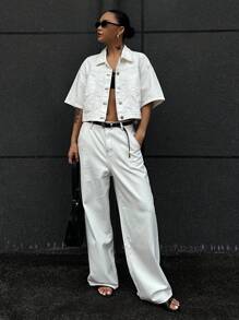DAZY 2pcs Set Women's Cargo Denim Outfit, Short Sleeve Jacket & Wide Leg Pants, Stylish - White - View 3