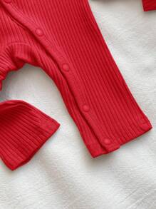 SHEIN Mono de manga larga con botones delanteros, volantes y lazo en la cabeza de unicolor para recién nacidos - Rojo - Ver 6