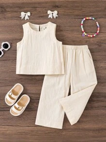 2pcs/Set Young Girl Woven Solid Color Jacquard Ruffle Hem Blouse And Loose Casual Pants
