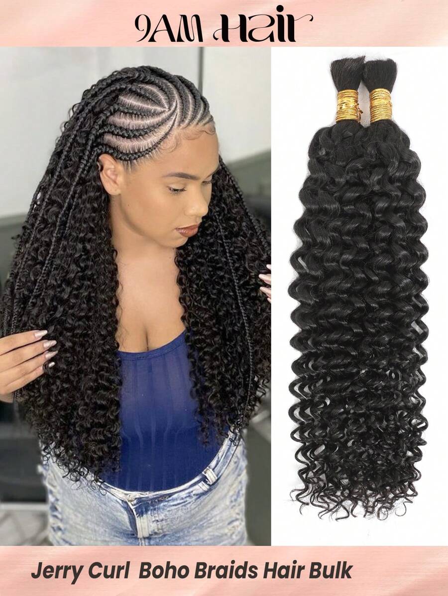 Boho Braids 2 件编织假发散装无纬杰瑞卷曲钩针真人发自然黑色接发杰瑞卷曲无结辫子接发女士 - Natural Black - 查看 1
