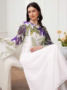 SHEIN Najma 女式植物花卉印花圆领宽袖宽松阿拉伯长袍连衣裙 - 彩色 - 查看 7