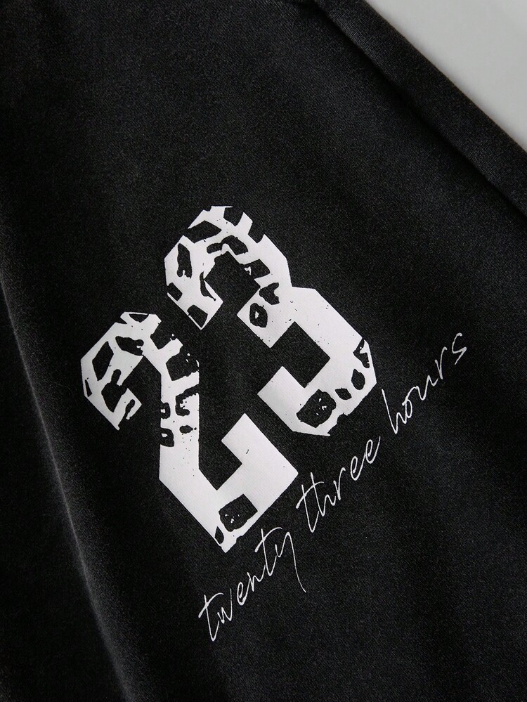 PAVTROS 男士纯棉运动裤，做旧雪洗效果，二合一设计，毛边裤脚，“23”图案印花，简约时尚，适合节日、度假、日常穿着，可与情侣黑色印花运动裤搭配穿着。Y2K风格男士运动裤，黑色印花运动裤，破洞运动裤。 - 黑色 - 查看 5