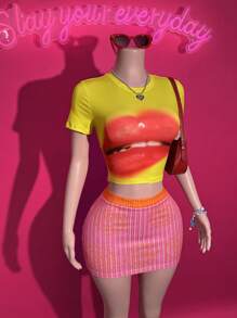 Slaydiva 2件套2025春夏新款LGBT音乐节波西米亚休闲日常海滩派对性感甜美可爱千禧Y2K色不对称圆点渐变印花针织短款上衣和紧身迷你裙套装女