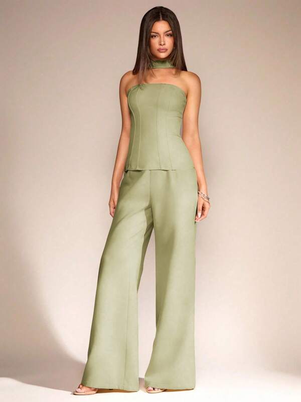 Glamine 2pcs/Set Women's Sleeveless Top And Long Pants Suit, Siren Style Office Commuter Casual Outfit, Summer