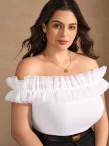 Chikora 大码休闲极简网眼露肩T恤连体领复古风格女装街头服饰教师全白派对女装秋季大码秋季返校返校节乡村音乐会乡村商务休闲女装曲线仙女风 - 白色 - 查看 8