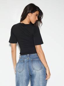 KIZN Ruched Detail Short Sleeve Crop Top Gathered Front Design Square Neck Summer Casual Basic Fitted Tee Minimalist Essential