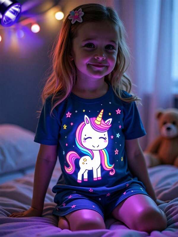 2pcs/Set Young Girl' Navy Blue Cute Unicorn Print Short Sleeve Top And Shorts Comfortable Pajama Set