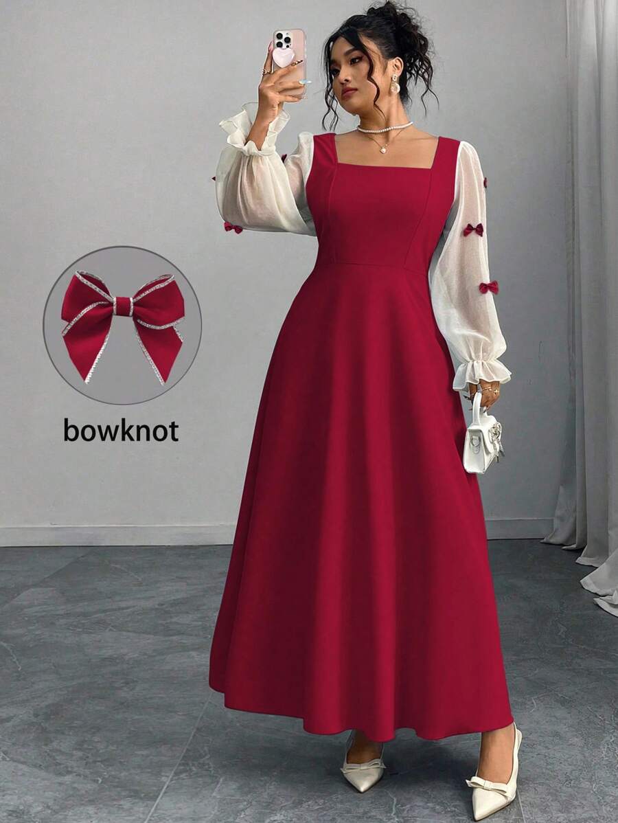 Modelyn 大码女式优雅蝴蝶结装饰方领束腰连衣裙 - 紅色 - 查看 1