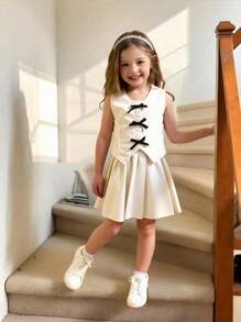 Elladie kids 少女蝴蝶结 V 领无袖上衣和百褶迷你裙两件套 - 杏色 - 查看 1