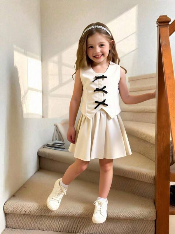 Conjunto de 2 piezas de top sin mangas con cuello en V y moño talla grande falda mini plisada para niña joven