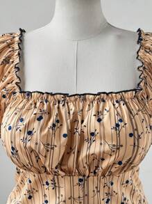 Flirla Beige Plus Size Summer Curve Elegant Vintage Ditsy Floral Bubble Short Sleeve Blouse, Vacation Party Cinched Waist Backless Slim Top For Women - Multicolor - View 4