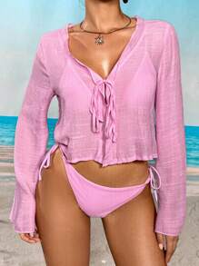 Swim Vcay 女士纯色长袖前系带和服度假罩衫