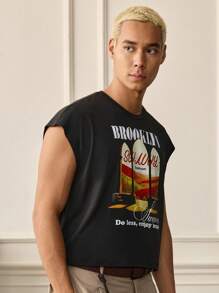 SWAVVY Men's Ancient Building Landscape Pattern Print Loose Casual Stretch Knitted Fabric Round Neck Sleeveless Vest - Black - View 6