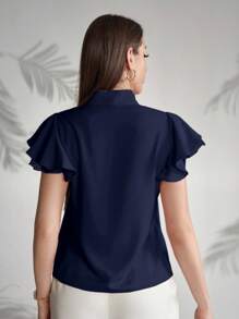 Modelyn 女士纯色系带领短袖正装衬衫，优雅通勤，夏季