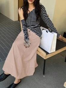 DAZY 女士纯色弹力腰休闲半身裙 秋季半身裙