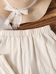 2pcs/Set Young Girl Woven Solid Color Jacquard Ruffle Hem Blouse And Loose Casual Pants