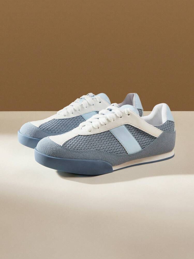 CUCCOO EASI Women's Mesh Splicing Round Toe Flat Casual Sports Shoes, Simple Design Comfortable PU Leather Contrast Color Casual Sneakers For Daily And Outdoor Wear