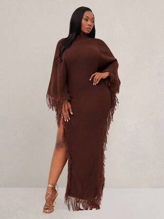 SHEIN X Phaith Montoya SHEIN SXY Abito lungo in maglia da donna taglia comoda, elegante e sexy, adatto per uso quotidiano, matrimoni, con maniche a campana, frange e spacchi laterali, colore unito, personalizzato, adatto per ogni giorno, matrimoni e occasioni speciali