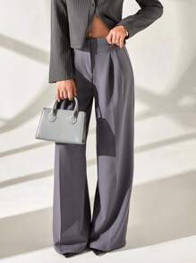 CLARA VERO Woman Solid Color Woven Plicated Wide Leg Relax Fit Work Business Working Pants Lady Bottom - Dark Grey - View 2