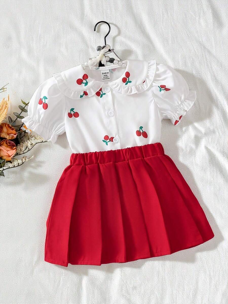 SHEIN Vintaside Kids Baby Girls Embroidered Strawberry Collar Ruffle Short Sleeve Shirt And Red Pleated Skirt Set, Casual Korean Style, Summer - Multicolor - View 1