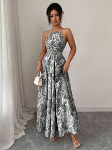 Elenzga Women's Sleeveless High Waist Ruffle Hem Printed Sundress - Black - View 4