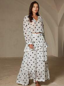 Aveloria Rosie Elegant Romantic Bohemian Ribbon Contrast Color Polka Dot Chiffon Blouse With Skirt 2 Pieces Set, Plus Size