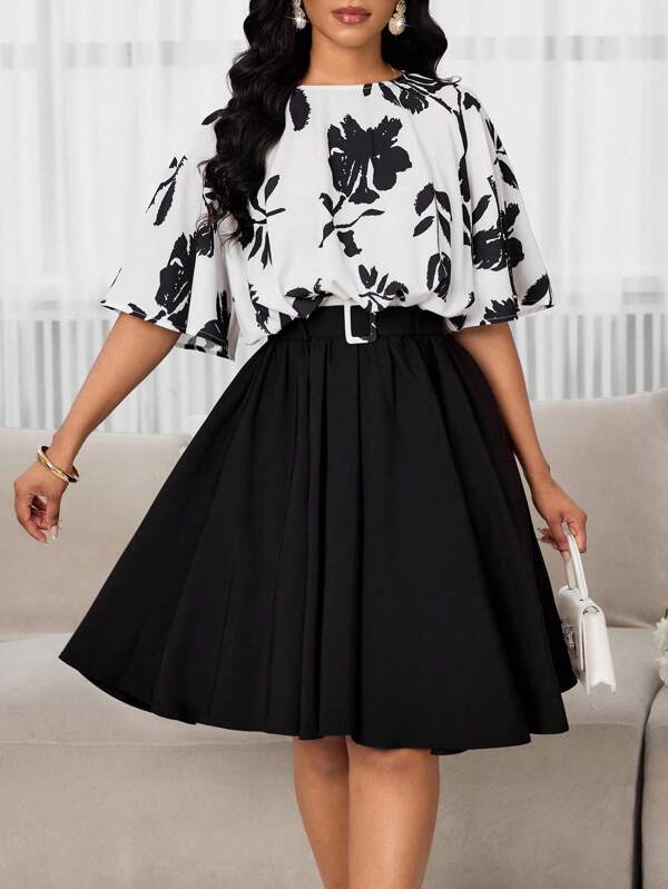 SHEIN Lady Women's Elegant Commuting Vacation Floral Contrast Prints Belt Waist-Hugging Loose Pleated A-Style Silhouette Short Dress Wearable In All Seasons
