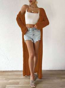 EMERY ROSE Cárdigan ligero y delgado de manga larga con diseño hueco de unicolor para vacaciones de mujer - Marrón - Ver 6